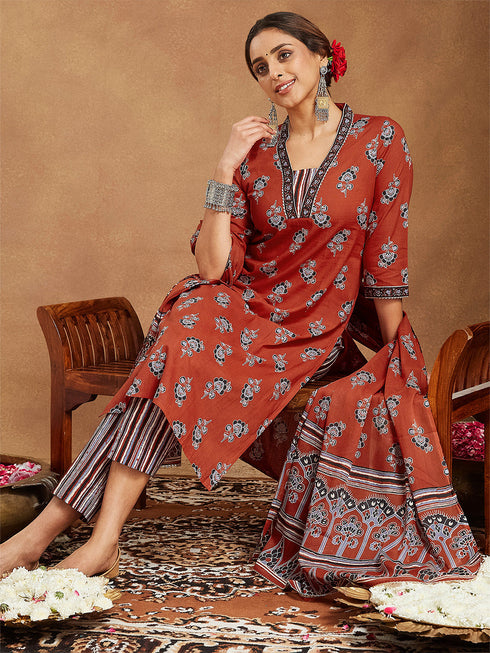 Janasya Women's Rust Pure Cotton Floral Printed Straight Kurta Set
